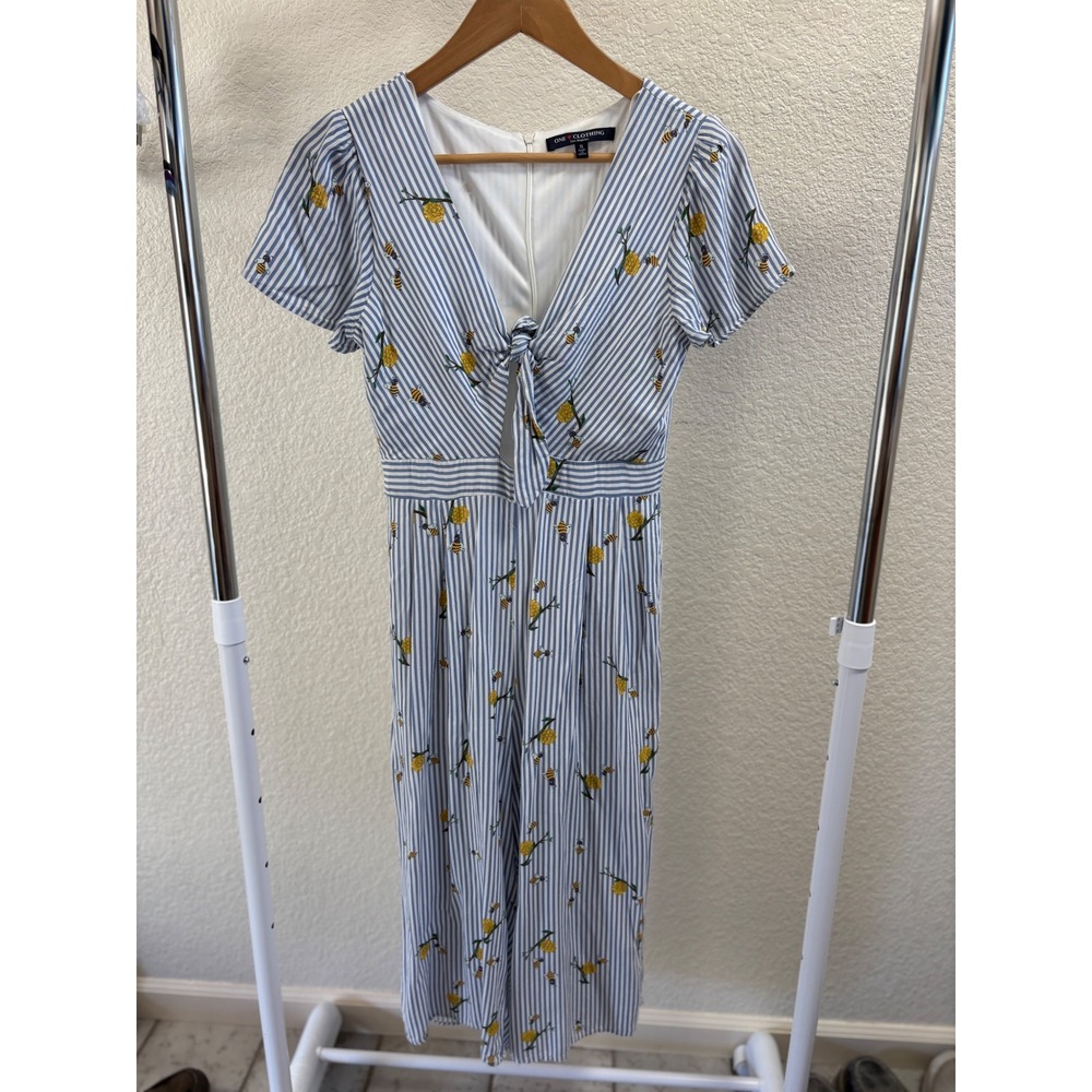 One Clothing Blue‎ White Striped Bee Print Tie Front Wide Leg Jumpsuit Small